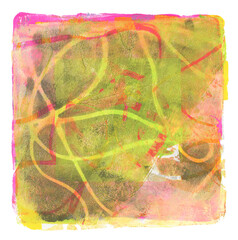 Art Modern Abstract color acrylic and oil monotype smear painting blot. Gel printing plate. Canvas stain texture background. Isolated on white.