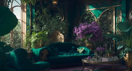 Obraz na płótnie Canvas Photo of a contemporary living room with an abundance of green furniture