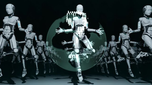3d render motion graphic animation of female robot with black background and question mark symbol with glitch