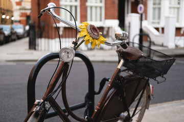 Horizontal close-up of brown vintage look bicycle with a yellow sunflower on the handlebars. The bike has a bell, lights and a basket and is parked on the street. Urban sustainable transport.