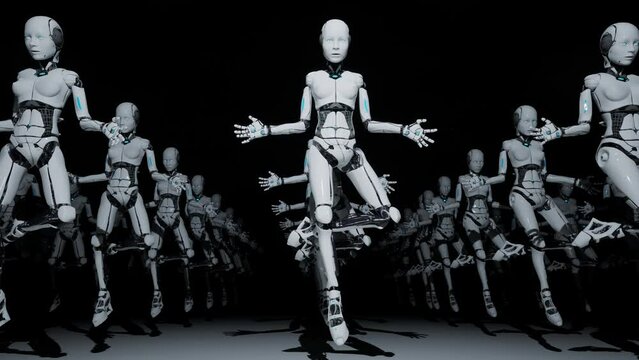 3d render motion graphic animation of female robot with black background artificial intelligence army