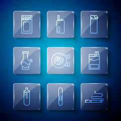 Set line Electronic cigarette, Cigar, Cigarette, Lighter, Tobacco leaf shop, Bong, Matchbox and matches and Cigarettes pack icon. Vector