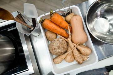 Tray with raw vegetables for cooking at restaraunt. Pumpkin, potato, carrot, celer and parsnip.