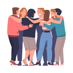 Group of young men and women standing together and hugging. Friendship, collaboration and team spirit vector illustration