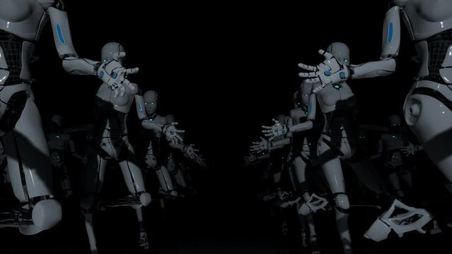 3d render motion graphic animation of female robot with black background artificial intelligence army and camera zoom at one