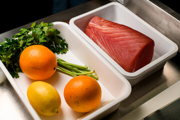 Preparation with raw salmon fillet, parsley, lemon and orange in two white trays