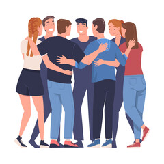 Group of people hugging together. Friendship, team spirit, trust and support concept vector illustration