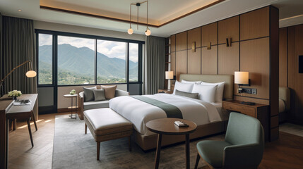 Fototapeta na wymiar Splendid hotel, nestled amidst a picturesque landscape, offering breathtaking views of the surrounding mountains and lush forests. Interior with window view. Generative AI