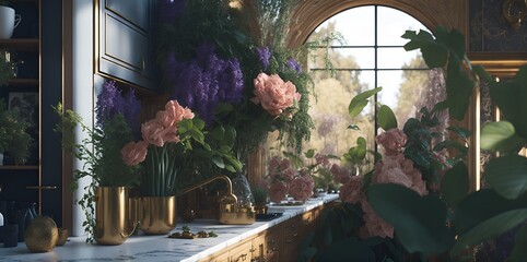 Obraz na płótnie Canvas Photo of a cozy room with a beautiful bouquet of flowers on the windowsill