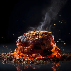 Grilled pork knuckle with garlic and spices on a black background