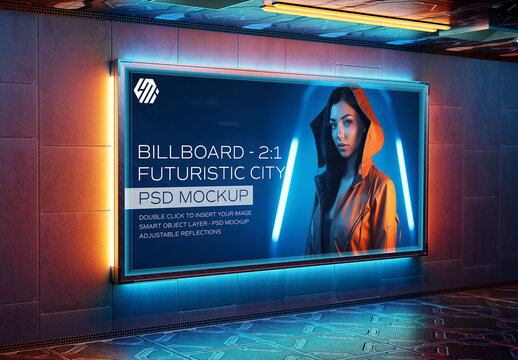 Cyberpunk Panoramic Billboard Mockup in Futuristic City