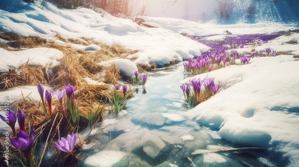 Poster a stream of water running through a field of purple crocus flowers. ai generative image.