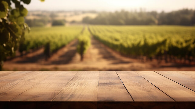 Empty wooden table for product display background, banner and product advertisement mock up with a beautiful vineyard behind, AI generated