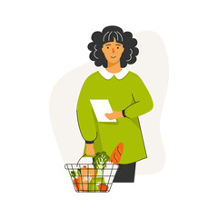 Eat Healthy Food. Woman holding a basket of groceries and a shopping list. Vegetarian or gluten free concept. Can be used for social media banner, web page, flyer. Cartoon Doodle Vector Illustration.