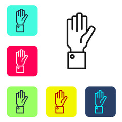 Black line Hand holding auction icon isolated on white background. Bidding concept. Auction competition. Set icons in color square buttons. Vector