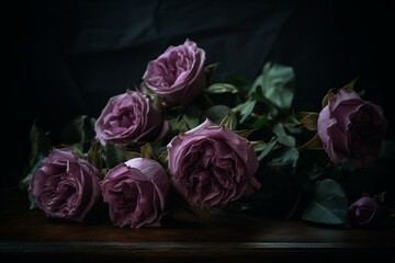 A bunch of purple roses with leaves and a stem on a black tabletop. Generative AI