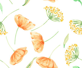 Watercolor floral pattern. Wildflowers. Watercolor meadow flowers. Design for fabric , textile, packing, decor, backgrounds, home decor. 