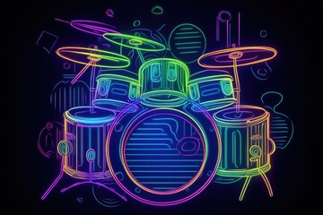 Neon label. Drum set. Generative ai
