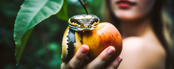 Innocent Eve in the garden of Eden is tempted by the serpent to bite the forbidden apple. Allegorical illustration of the old testament of the Bible. Generative AI - obrazy, fototapety, plakaty