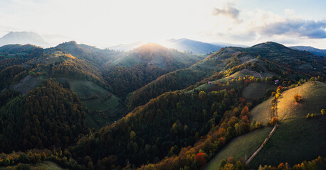 Panorama of the mountains in autumn at sunset, Poiana Marului in Transylvania