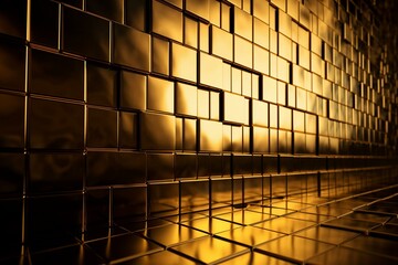 Luxury 3D tiled wall in glossy gold. 3D rendered from square blocks. Generative AI