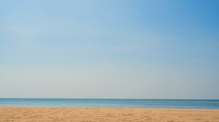 Obraz premium Panoramal front view landscape Blue sea blue beach brown background morning day look calm summer Nature tropical sea Beautiful sea water travel 