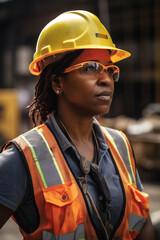Serious afro American woman, 35, works on construction site in full safety gear, showing strength and determination. Generative AI