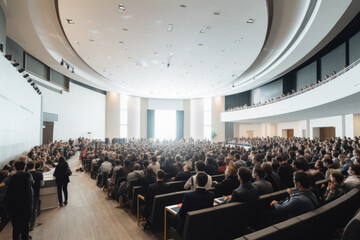 Rear View of Engaged Conference Audience with Blurred Stage
