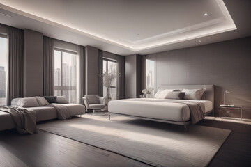Soft gray modern bedroom with abundant daylight coming through the large windows.  Generative AI