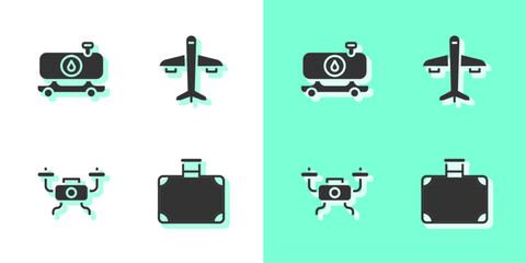 Set Suitcase, Fuel tanker truck, Drone flying and Plane icon. Vector