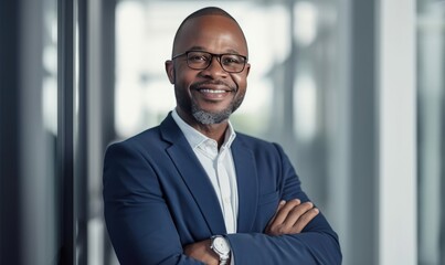 Fototapeta premium Confident Successful Businessman in Modern Office Setting. Generative AI.