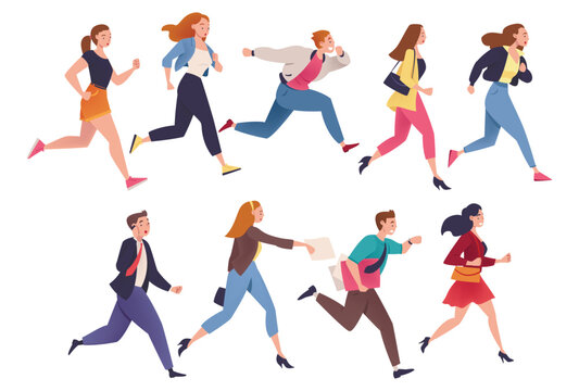 People Character Hurrying Running Fast Feeling Panic of Being Late Vector Illustration Set