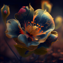 Beautiful blue flower with red and orange petals on dark background