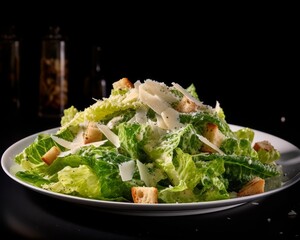 Caesar salad with crisp romaine lettuce, anchovy fillets, and grated pecorino cheese