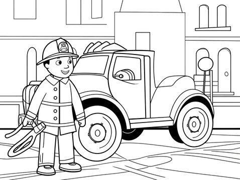 Black and white firefighter coloring pages for kids, ideal for encouraging learning in little ones with a friendly and attractive image. Generative AI