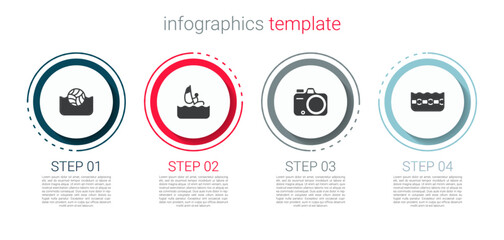 Fototapeta premium Set Water polo, Windsurfing, Photo camera and Swimming pool. Business infographic template. Vector