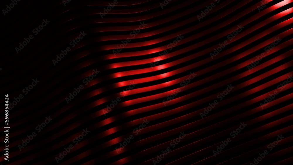 Poster 3d background with moving waves stripes. design. metal bands move in waves on black background. silk