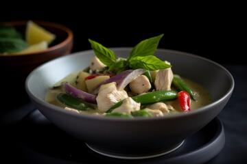 green curry with chunks of chicken and vegetables in a bowl