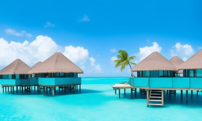 Overwater villas on tropical atoll island for holidays vacation travel and honeymoon. Turquoise sea water. (Generative AI)