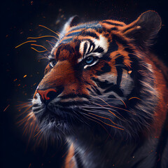 Portrait of a tiger on a dark background with fire effect.