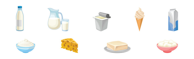 Dairy Products with Milk Jug, Bottle, Ice Cream and Carton Vector Set