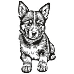 puppy logo, black and white illustration hand drawing puppies