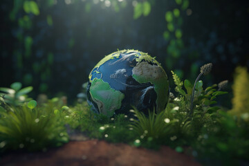 Obraz na płótnie Canvas Glass globe sitting on lush green mossy surface, symbolizing environmentalism and conservation for World Environment Day. Sustainable future concept with nature, earth, and technology in harmony.