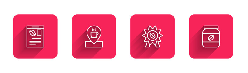 Set line Newspaper and coffee, Location with cup, Medal for and Coffee jar bottle with long shadow. Red square button. Vector