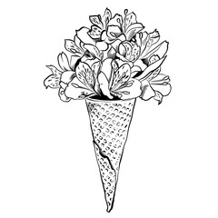 beautiful Flowers in Waffle cone, floral ice cream. Monochrome isolated illustration for logo, poster or tattoo, free hand black and white sketch