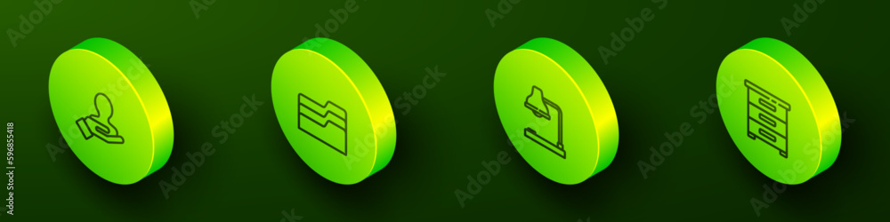 Poster set isometric line hand for search a people, document folder, table lamp and drawer with documents i