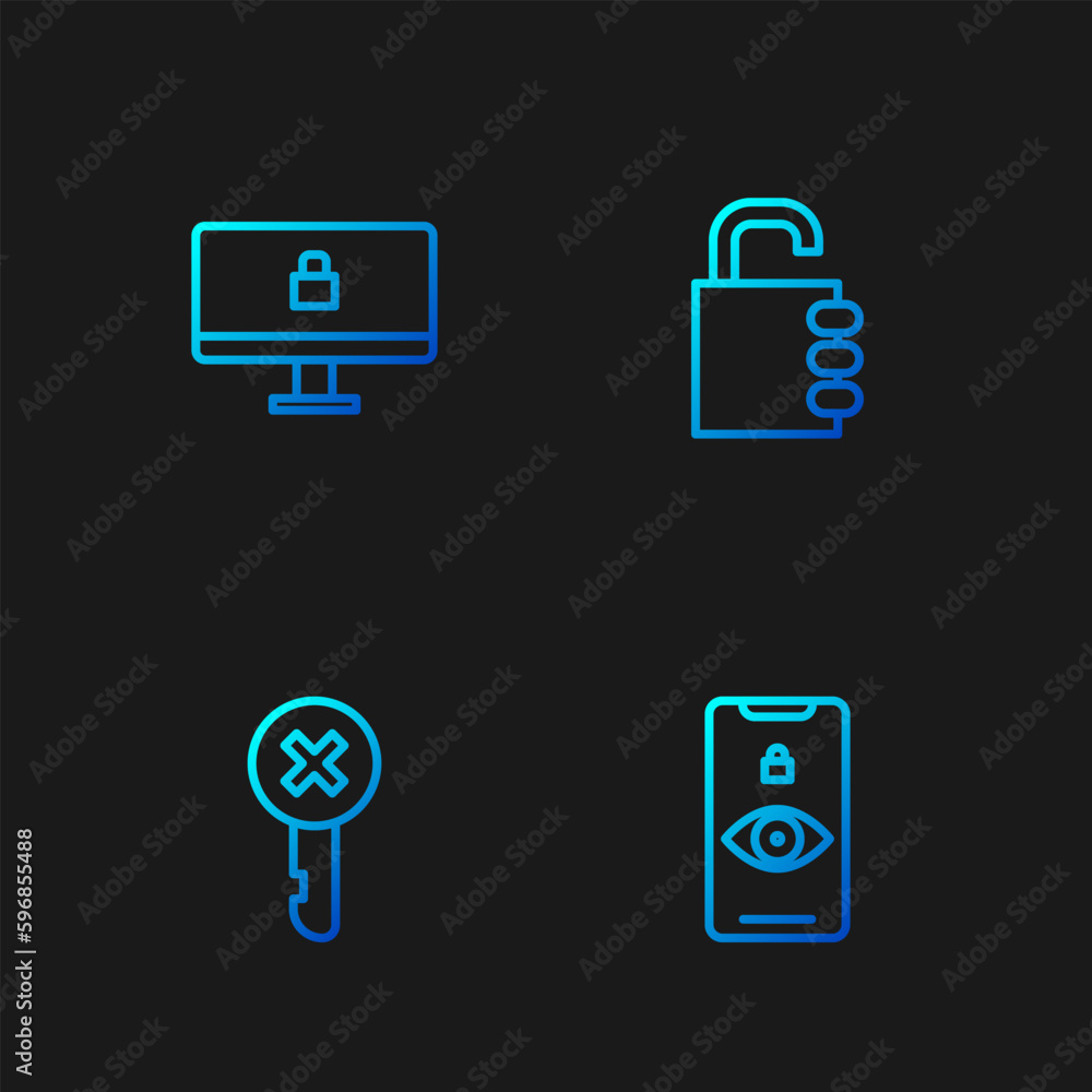 Poster set line eye scan, wrong key, lock computer monitor and safe combination lock. gradient color icons.