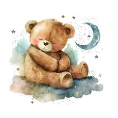 Cute watercolor night bear. Illustration AI Generative.