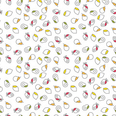 Seamless pattern of cartoon icons of avocado, strawberry, pear and lemon on a white background