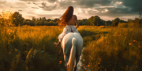 Topless woman riding her horse in a wild meadow at sunset. Gives a feeling of escape and wilderness. Generative AI